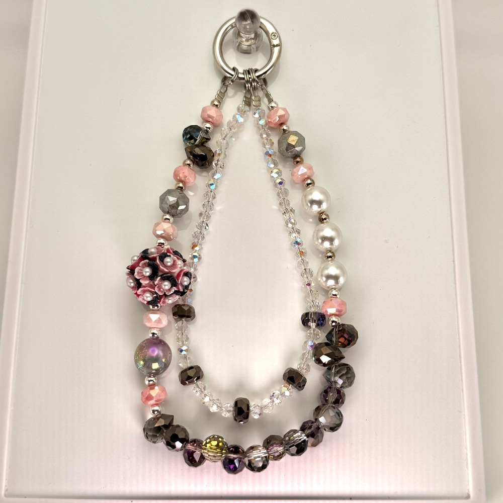 Black Pink Floral Phone Wristlet Charm Glass Beaded Pearl Purse Bag Keychain Str